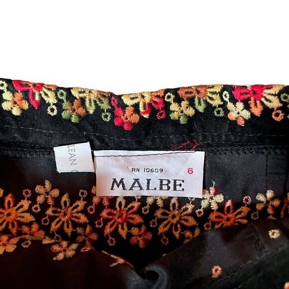 Vintage 1960s Malbe Womens Maxi Skirt XS Black Velvet Floral Embroidered Belted - Picture 8 of 9